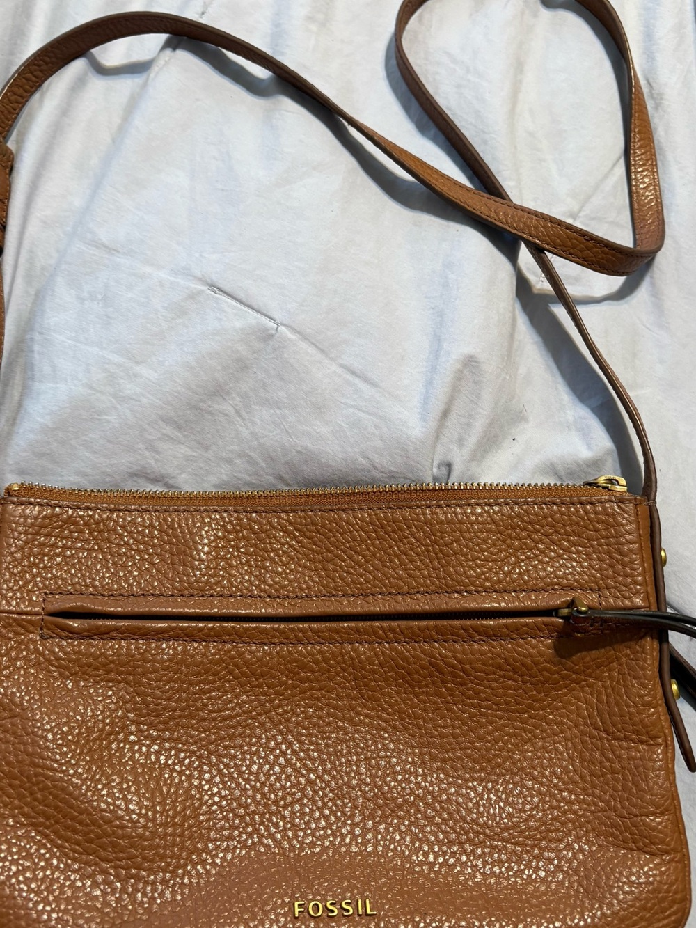 Fossil Brown Pebbled Leather Crossbody Bag with Front Zip